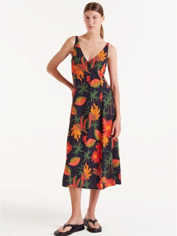 <p>
  Abito midi a fantasia con scollo a v e bottoni
</p>Compania Fantastica