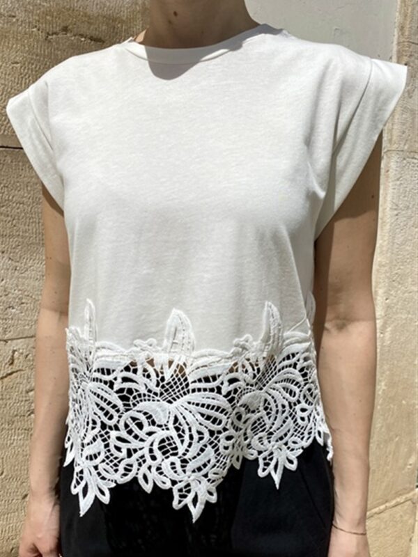 <p>
  Maglia smanicata con fascia in pizzo macrame' bianca
</p>Le _Sarte _Del_Sole