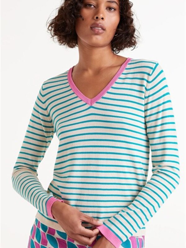 <p>
  Maglioncino a righe con scollo a v e profili a contrasto
</p>Compania Fantastica