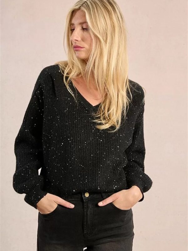 <p>
Maglioncino con scollo a v e micro paillettes NERO
</p>Molly Bracken